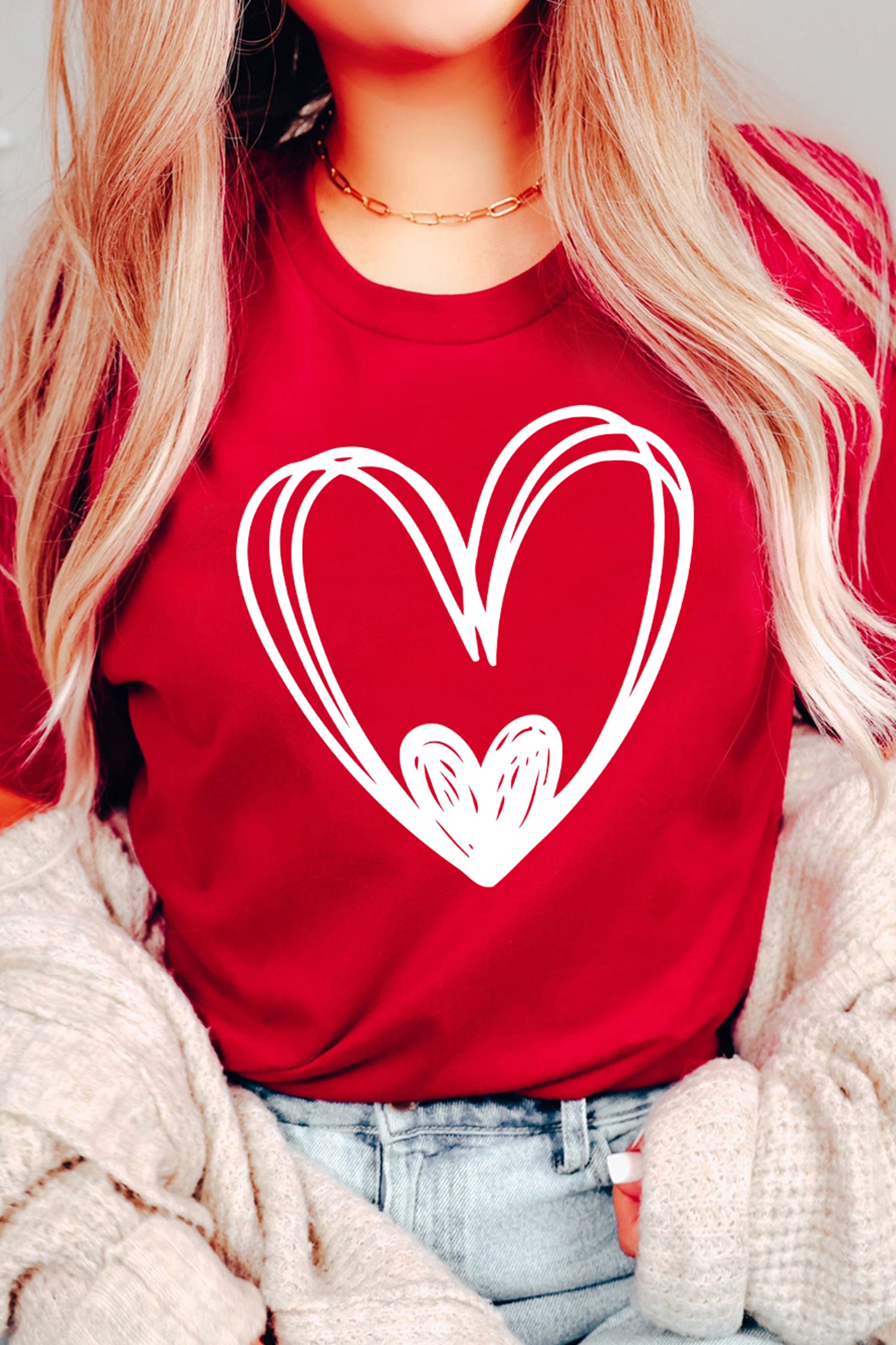 Red Hand Drawn Heart Valentines Day Fashion T Shirt-Graphic Tees-[Adult]-[Female]-Red-2-2XL-2022 Online Blue Zone Planet