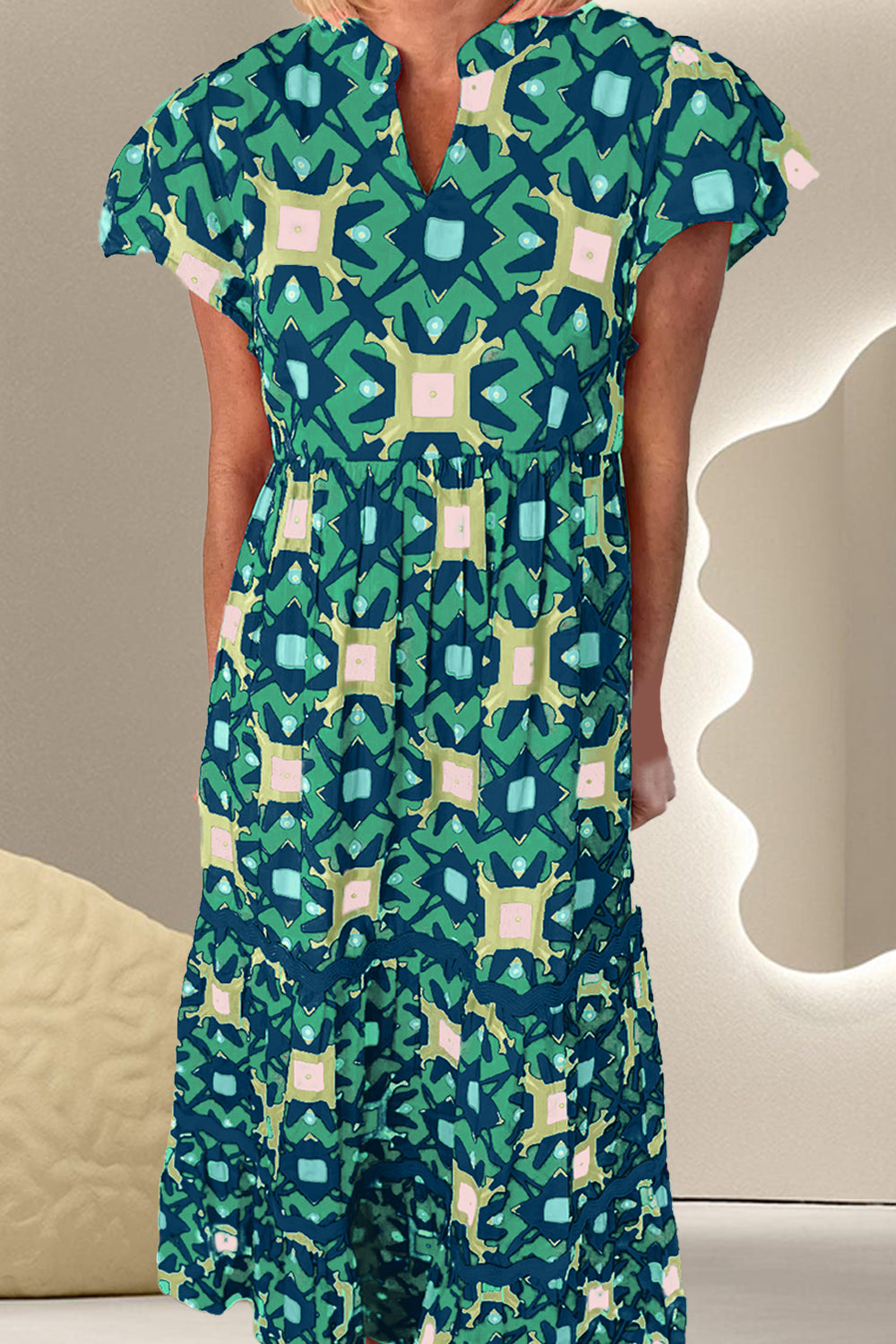 Printed Notched Cap Sleeve Dress-TOPS / DRESSES-[Adult]-[Female]-Dark Green-S-2022 Online Blue Zone Planet