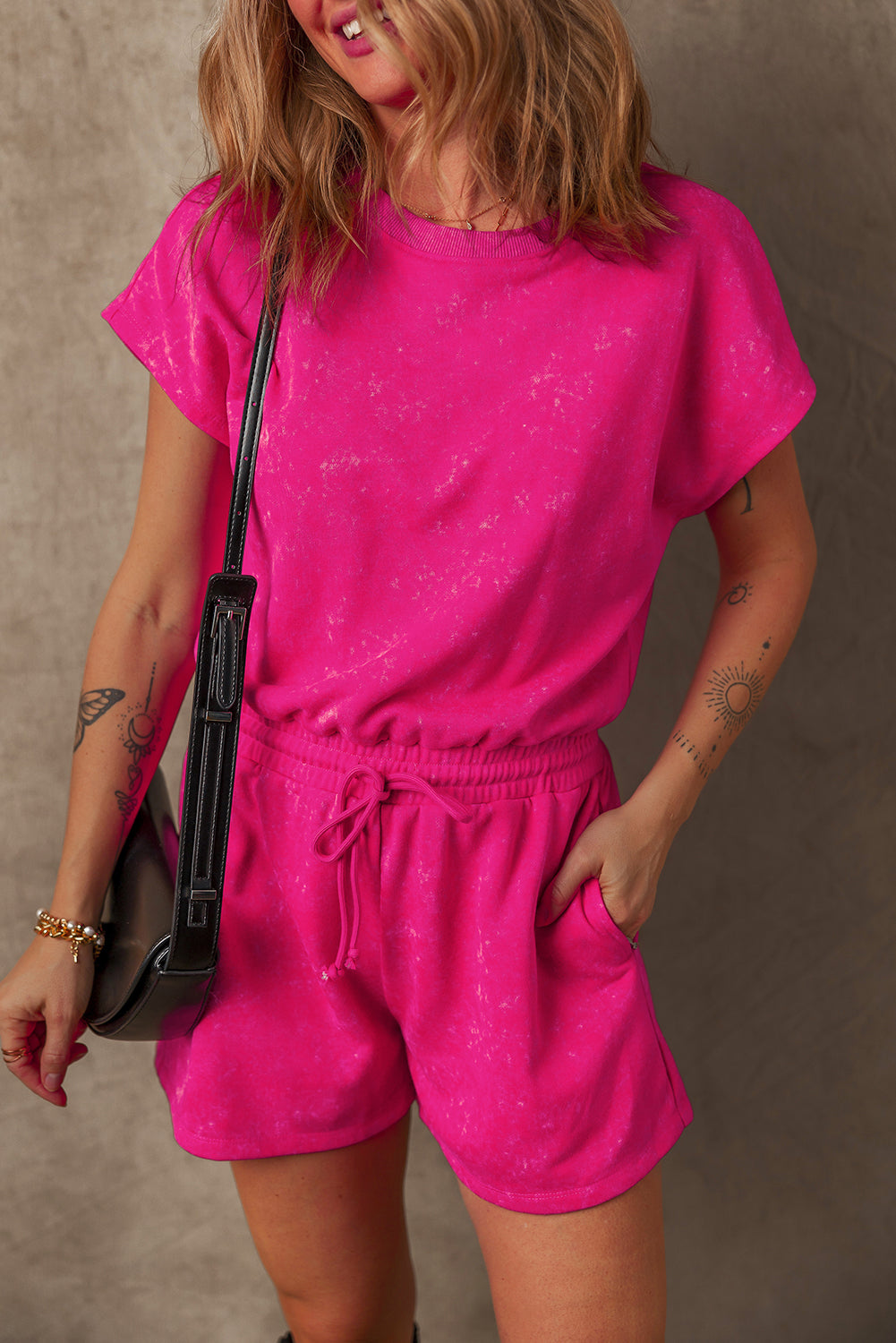 Rose Red Mineral Wash Drawstring Waist Hollow Out Back Short Sleeve Romper-Bottoms/Jumpsuits & Rompers-[Adult]-[Female]-Rose Red-S-2022 Online Blue Zone Planet