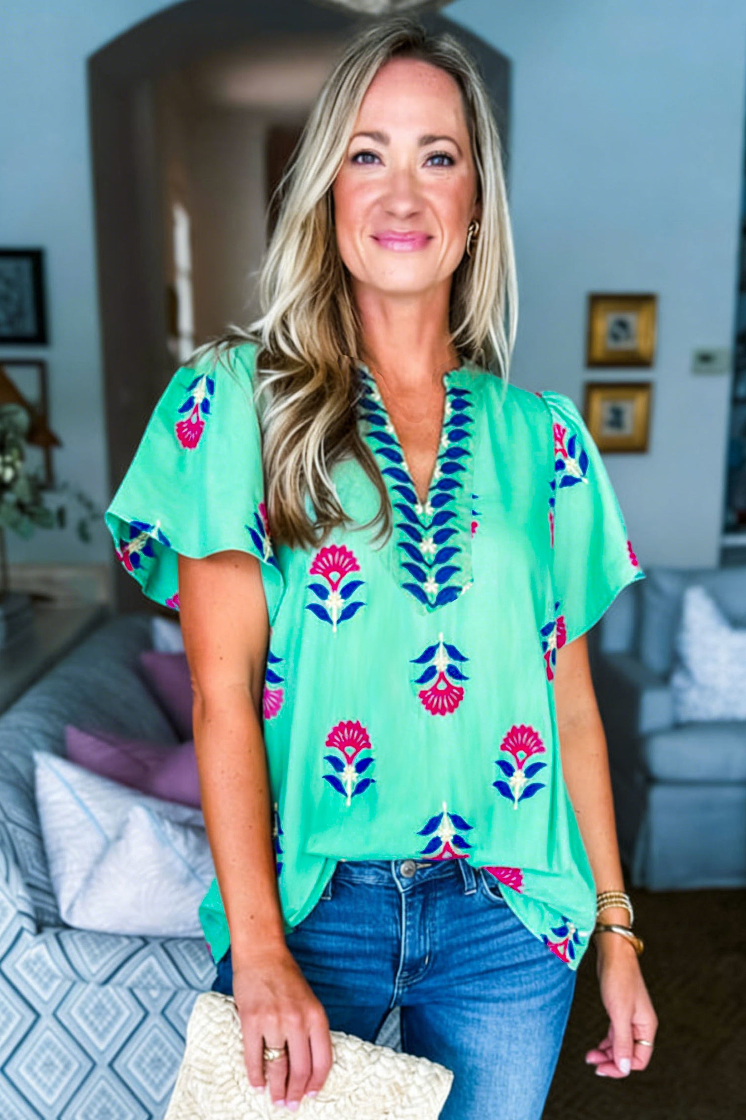 Green Floral V Neck Flutter Sleeve Blouse-Tops/Blouses & Shirts-[Adult]-[Female]-2022 Online Blue Zone Planet