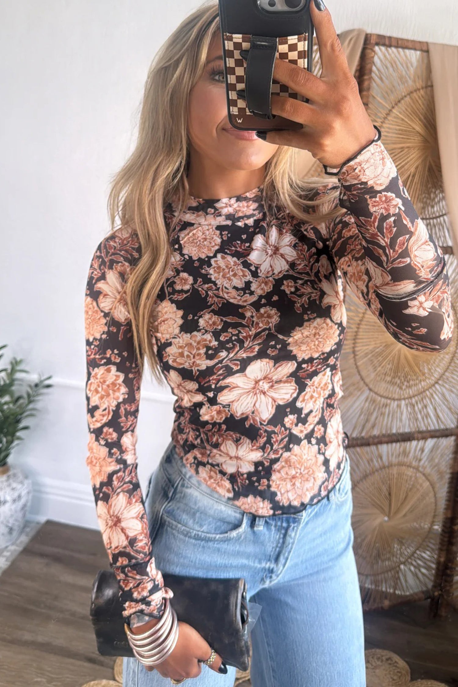 Black Floral Print Mesh Mock Neck Long Sleeve Top-Tops/Long Sleeve Tops-[Adult]-[Female]-2022 Online Blue Zone Planet