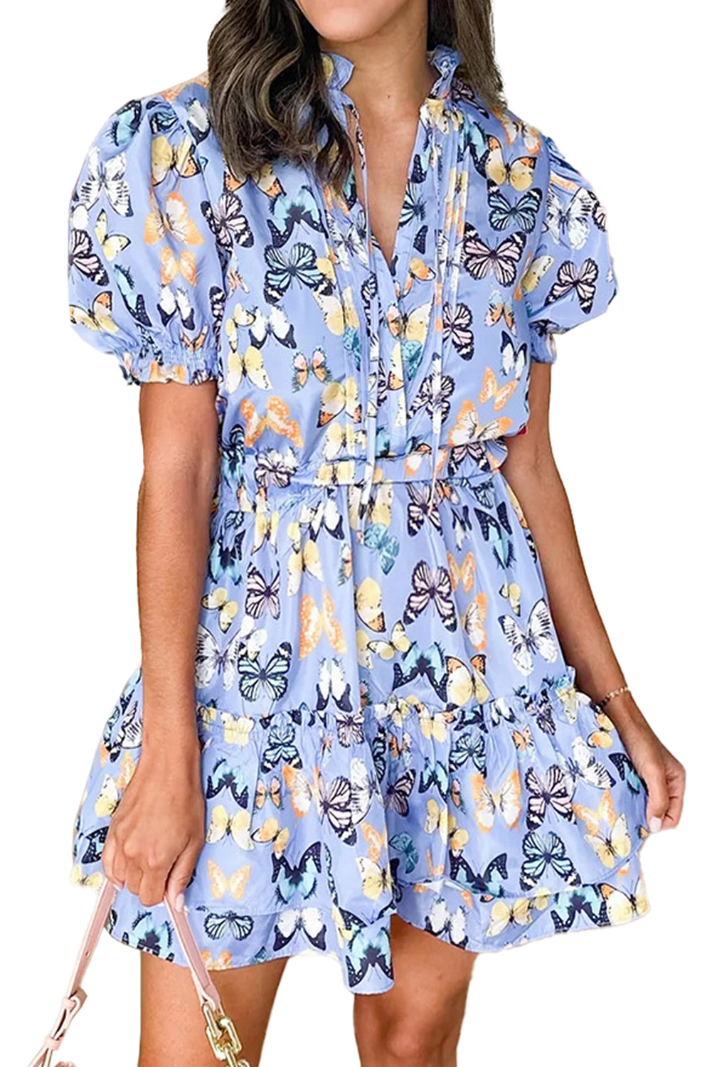 Blue Zone Planet | Purple Butterfly Print Short Puff Sleeve Pleated Ruffle Dress-TOPS / DRESSES-[Adult]-[Female]-2022 Online Blue Zone Planet