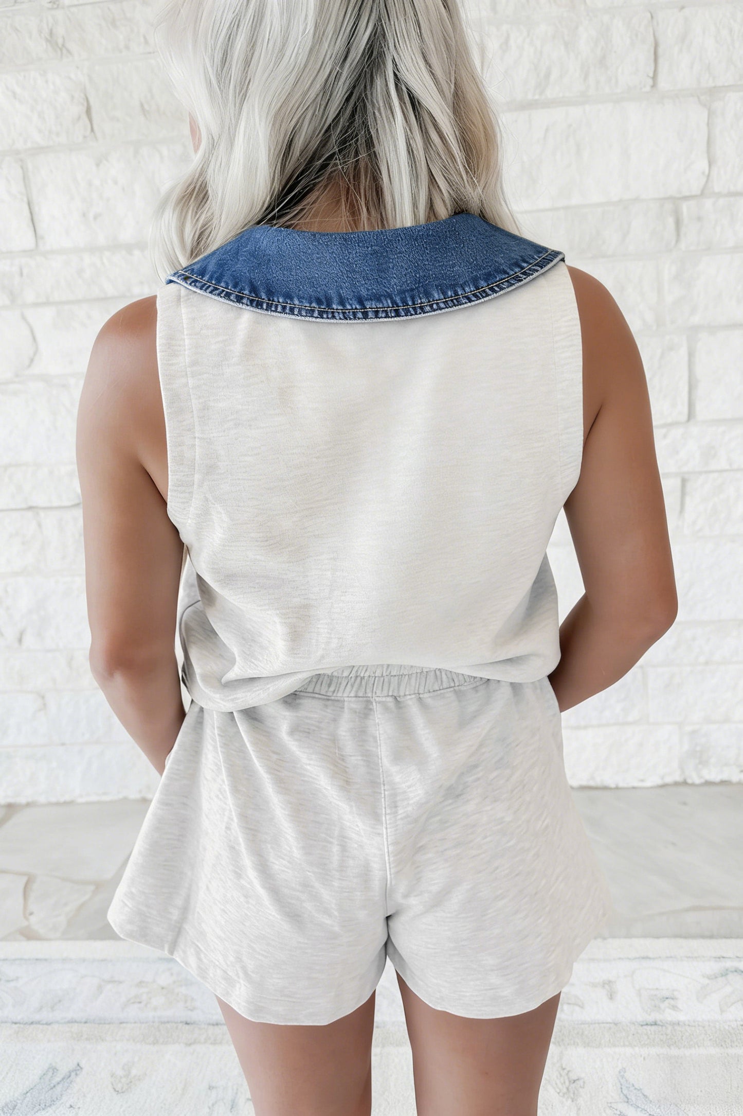 Light Grey Denim Patchwork Polo Collar Elastic Waist Sleeveless Romper-Bottoms/Jumpsuits & Rompers-[Adult]-[Female]-2022 Online Blue Zone Planet