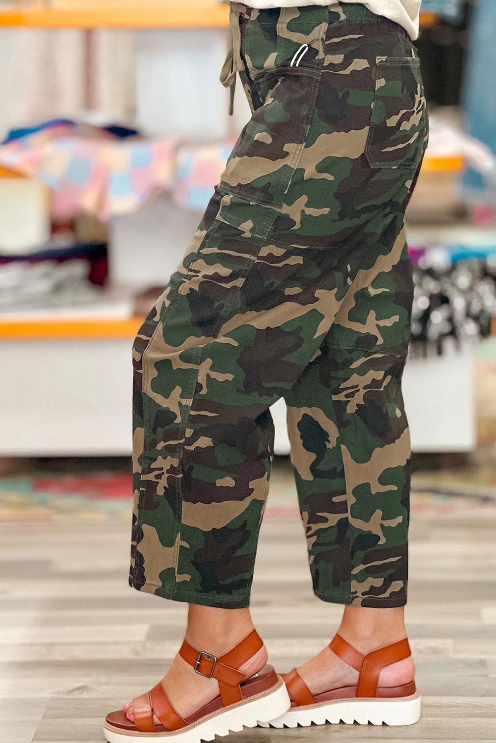 Green Camouflage Print Drawstring Patch Pocket Barrel Jeans-Bottoms/Jeans-[Adult]-[Female]-2022 Online Blue Zone Planet