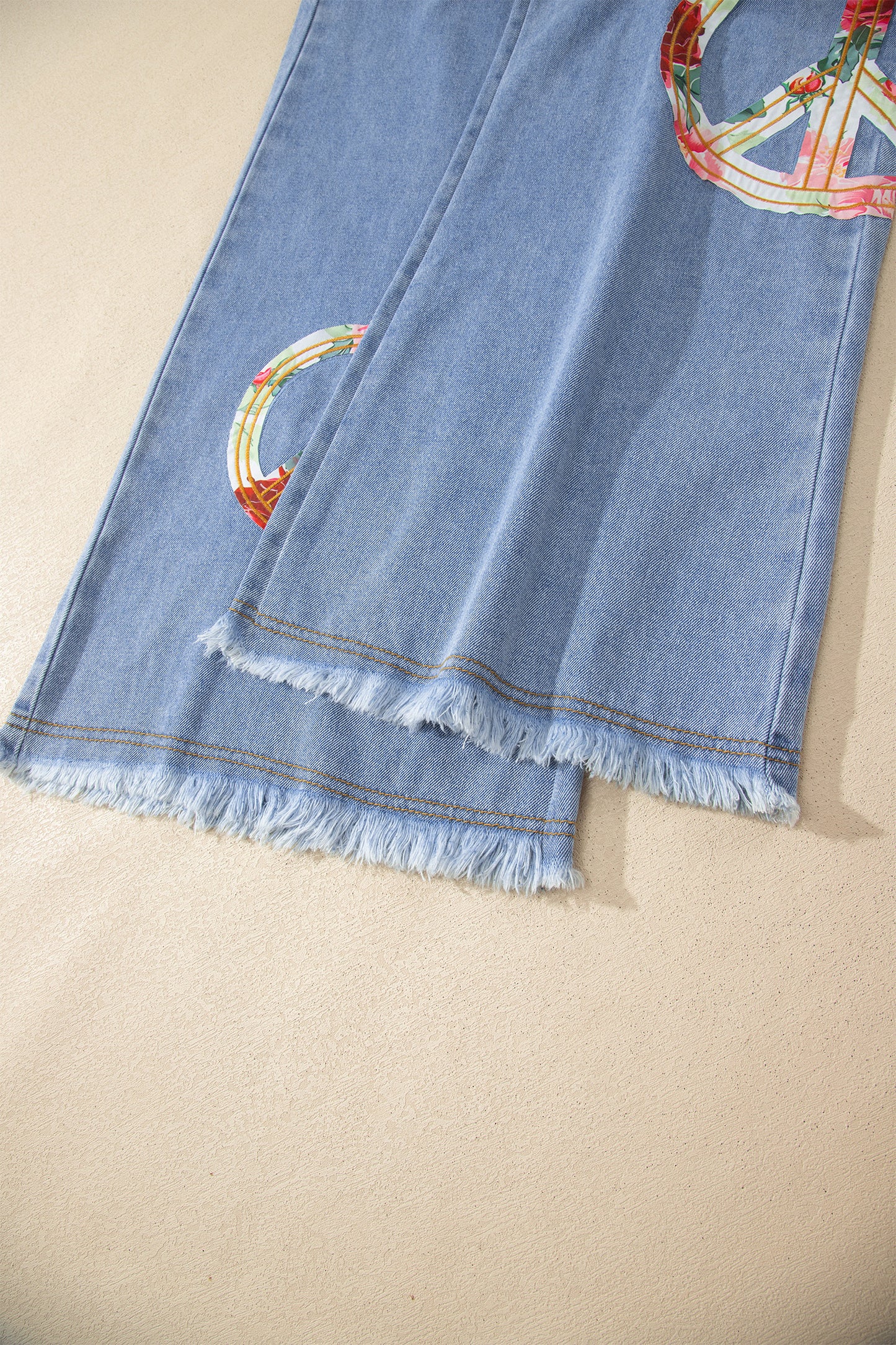 Myosotis Floral Peace Sign Embroidered Patch Wide Leg Jeans-Bottoms/Jeans-[Adult]-[Female]-2022 Online Blue Zone Planet