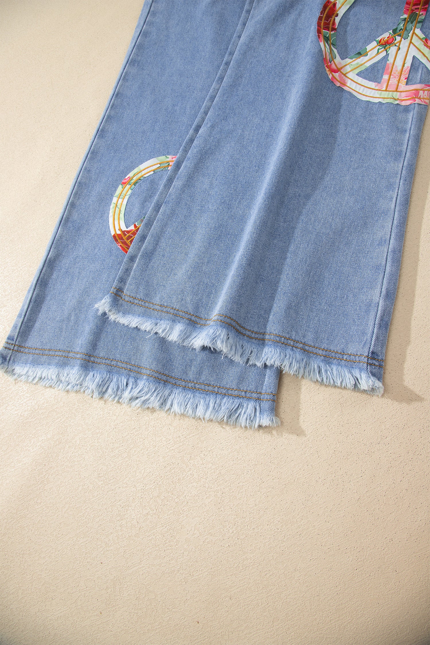 Myosotis Floral Peace Sign Embroidered Patch Wide Leg Jeans-Bottoms/Jeans-[Adult]-[Female]-2022 Online Blue Zone Planet