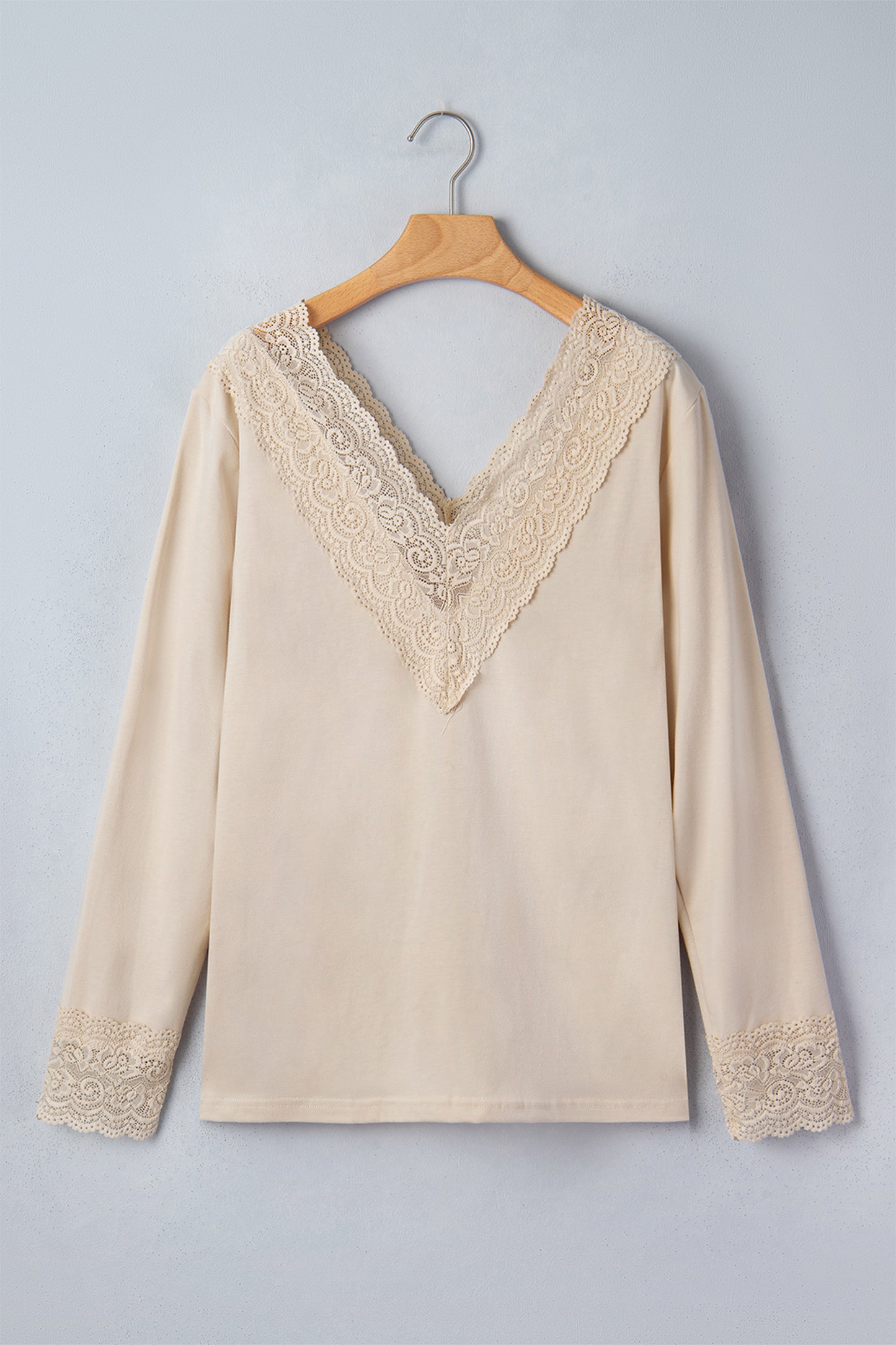 Apricot Lace Splicing V Neck Long Sleeve Top-Tops/Long Sleeve Tops-[Adult]-[Female]-2022 Online Blue Zone Planet