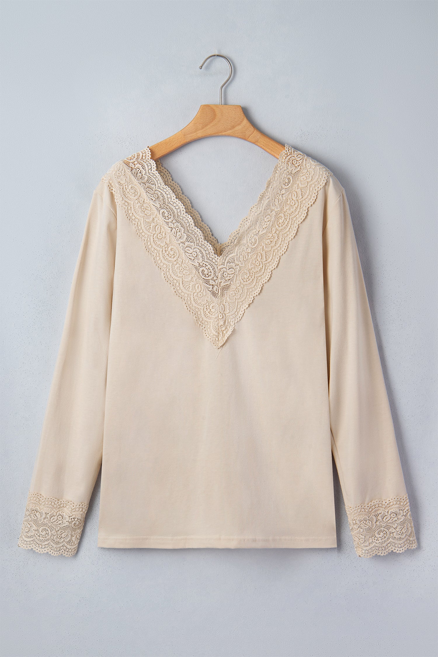 Apricot Lace Splicing V Neck Long Sleeve Top-Tops/Long Sleeve Tops-[Adult]-[Female]-2022 Online Blue Zone Planet