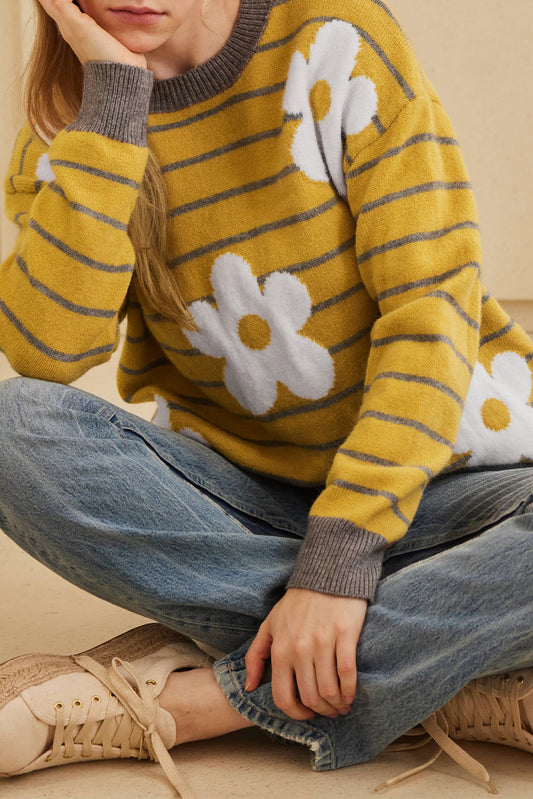 Yellow Stripe Daisy Floral Knitted Round Neck Sweater-TOPS / DRESSES-[Adult]-[Female]-Yellow Stripe-S-2022 Online Blue Zone Planet