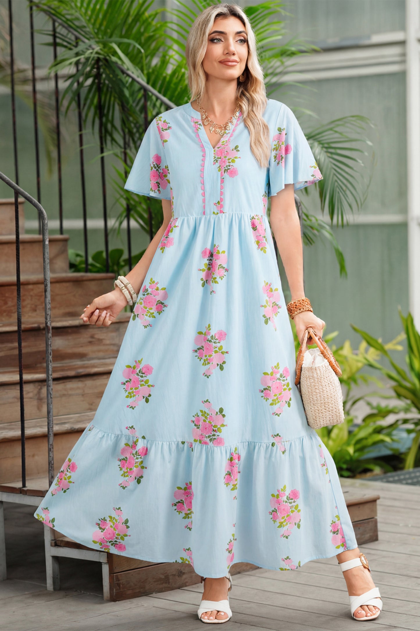 Sky Blue Notched Neck Flutter Short Sleeve Floral Print Maxi Dress-TOPS / DRESSES-[Adult]-[Female]-2022 Online Blue Zone Planet
