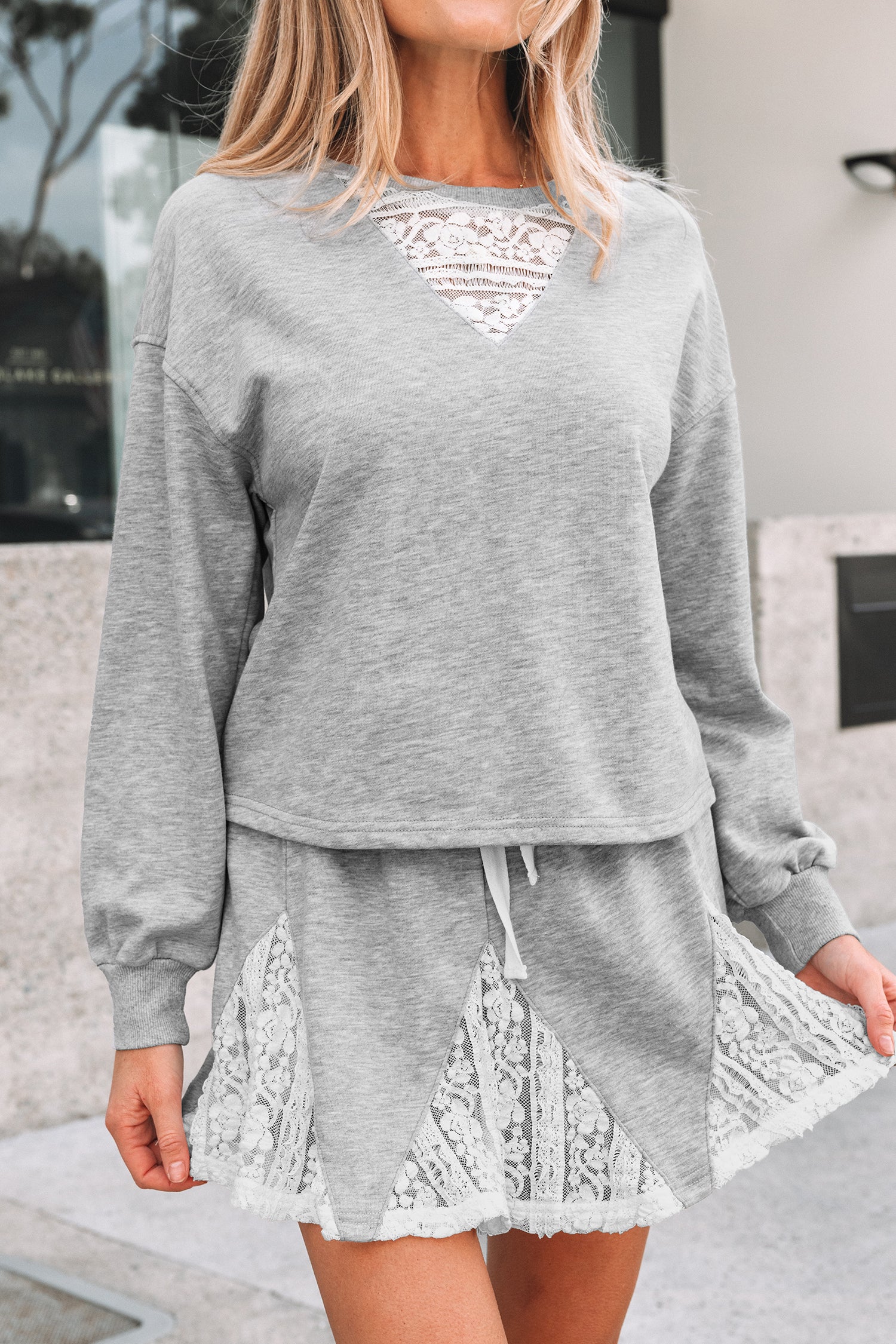 Light Grey Lace Patchwork Drop Shoulder Pullover Drawstring Skort 2pcs Outfit-Two Piece Sets/Two Piece Dresses-[Adult]-[Female]-2022 Online Blue Zone Planet