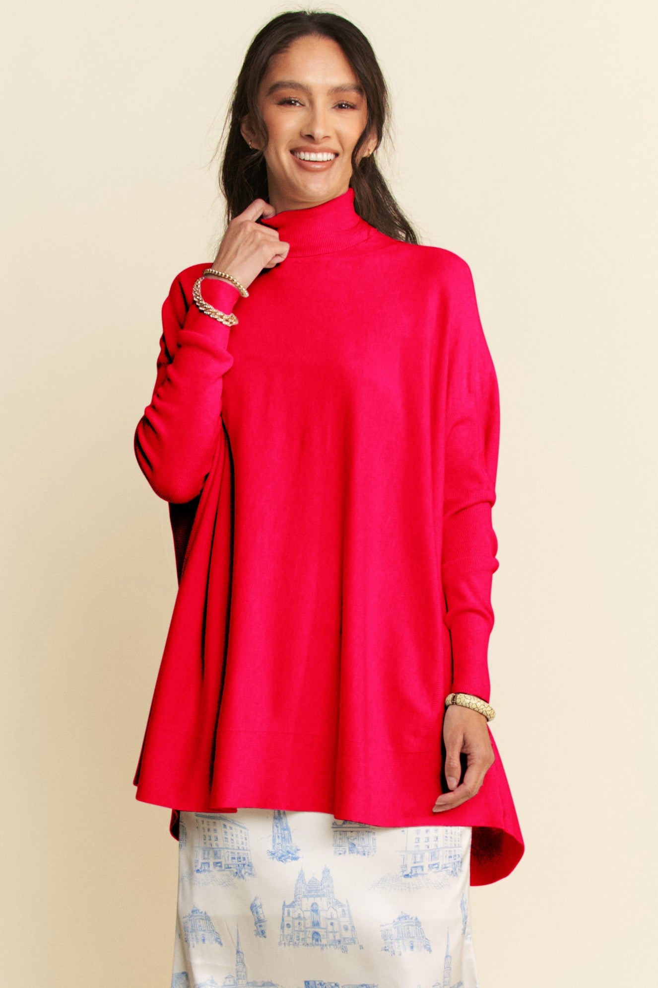 Davi & Dani High-Low Turtleneck Long Sleeve Knit Top-TOPS / DRESSES-[Adult]-[Female]-Hot Pink-S-2022 Online Blue Zone Planet