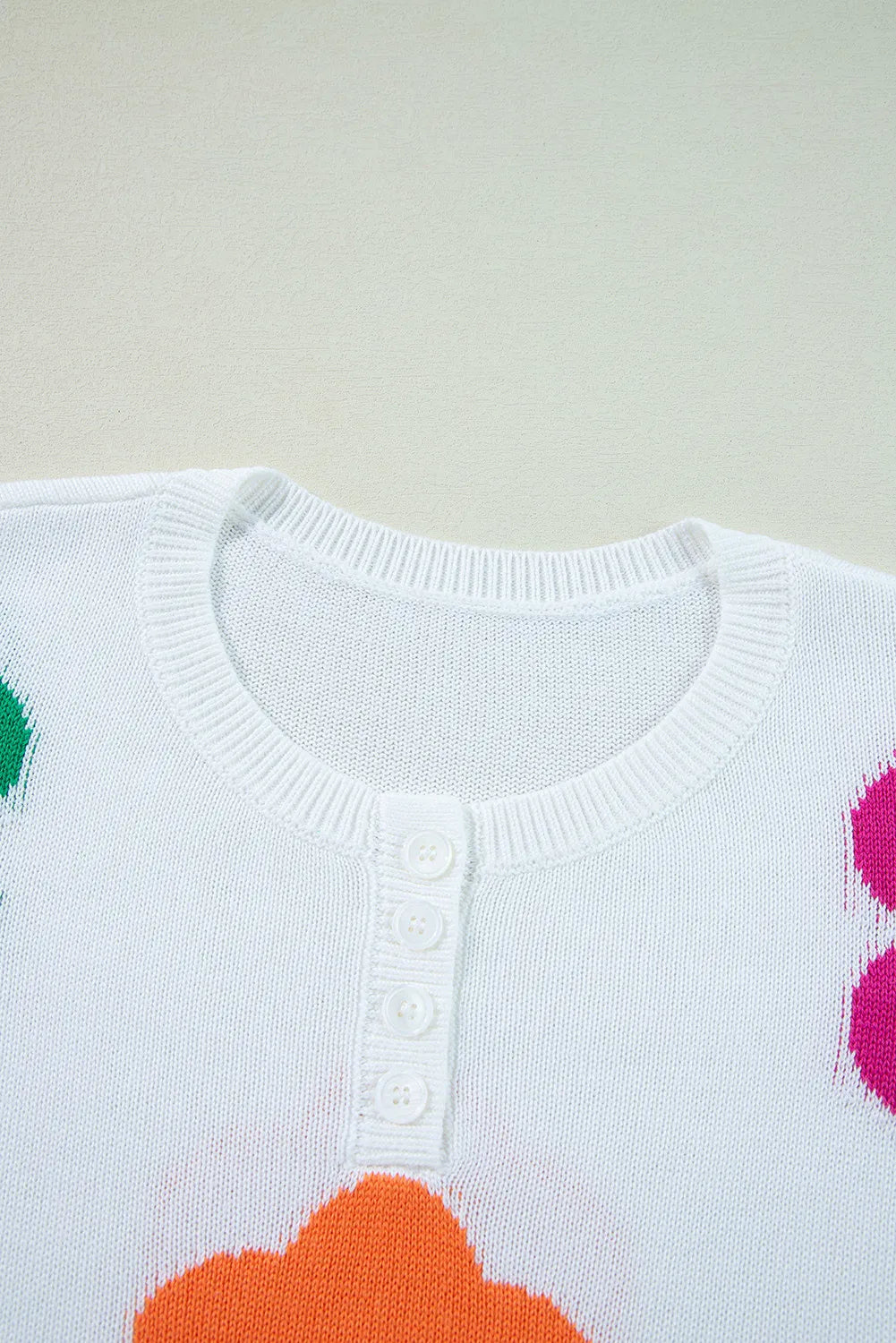 Flower Round Neck Quarter Button Knit Top-TOPS / DRESSES-[Adult]-[Female]-2022 Online Blue Zone Planet