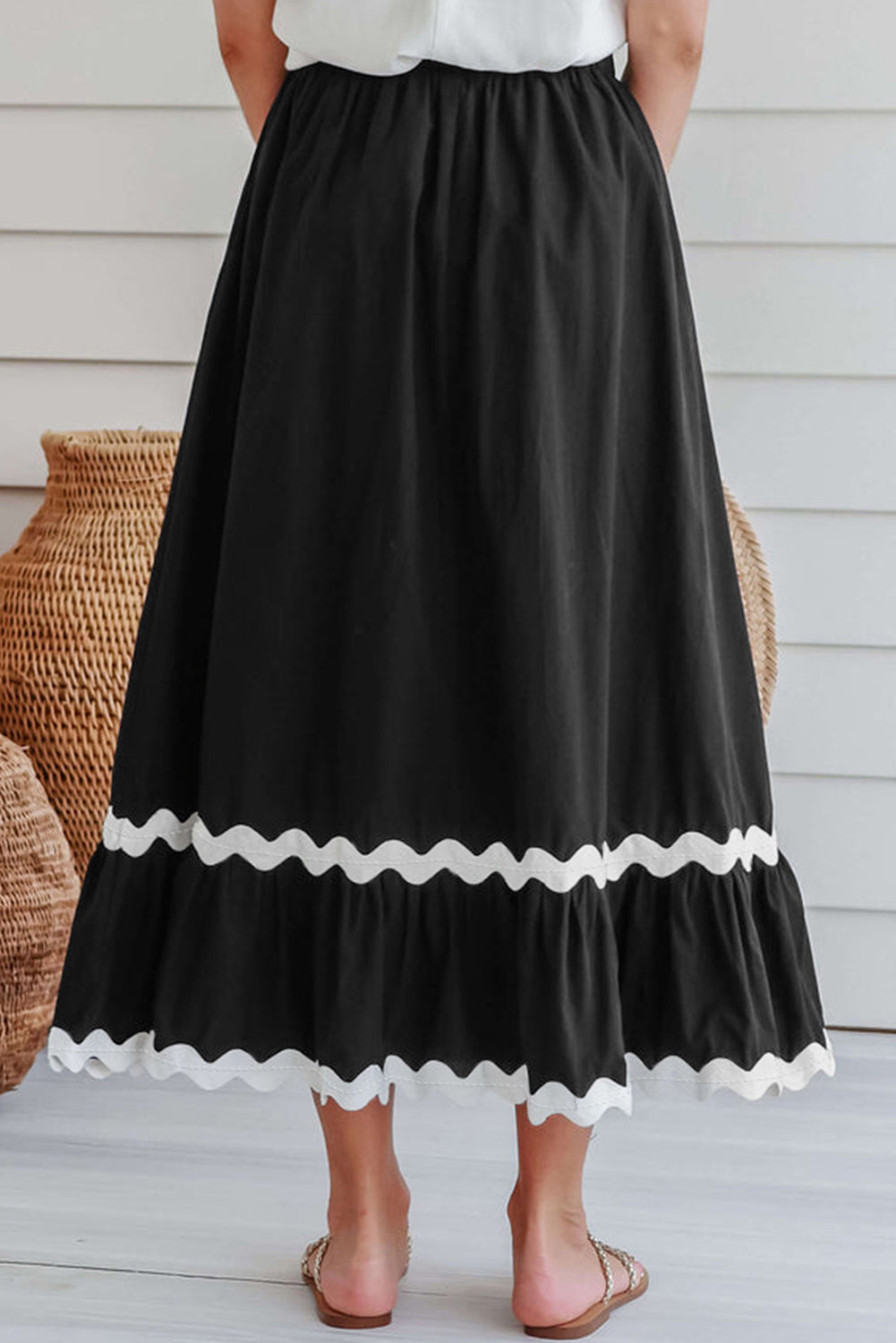 Black Ricrac Trim Colorblock High Waist Long Skirt-Bottoms/Skirts & Petticoat-[Adult]-[Female]-2022 Online Blue Zone Planet