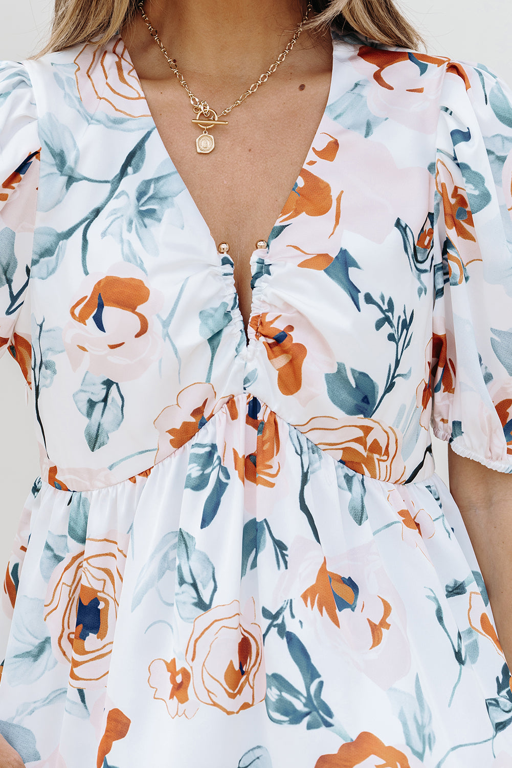 Green Floral Print Puff Sleeve V Neck Babydoll Blouse-Tops/Blouses & Shirts-[Adult]-[Female]-2022 Online Blue Zone Planet