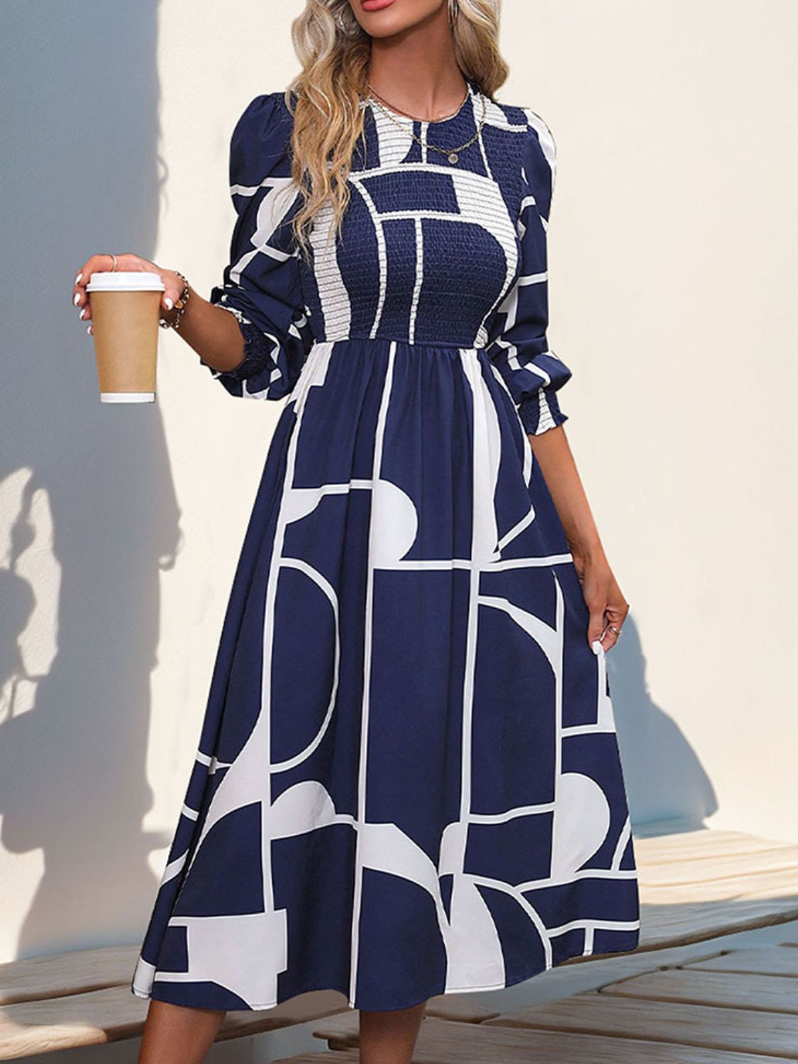 Blue Zone Planet | Smocked Color Block Long Sleeve Midi Dress-TOPS / DRESSES-[Adult]-[Female]-2022 Online Blue Zone Planet