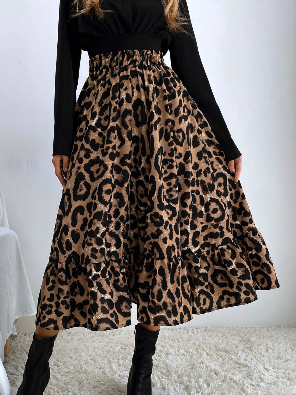 Printed Elastic Waist Midi Skirt-BOTTOM SIZES SMALL MEDIUM LARGE-[Adult]-[Female]-Leopard-S-2022 Online Blue Zone Planet