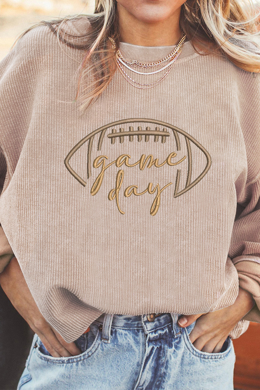 Apricot Rugby Game Day Embroidered Corduroy Sweatshirt-Graphic/Graphic Sweatshirts-[Adult]-[Female]-Apricot-S-2022 Online Blue Zone Planet