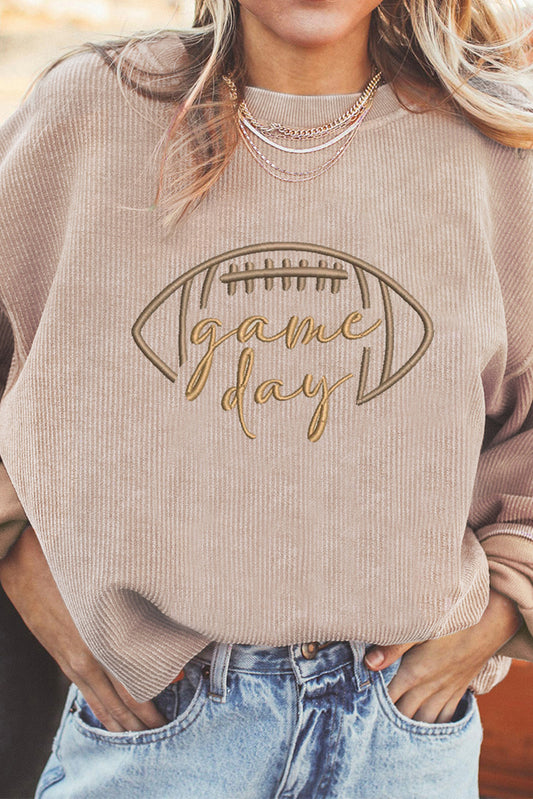 Apricot Rugby Game Day Embroidered Corduroy Sweatshirt-Graphic/Graphic Sweatshirts-[Adult]-[Female]-Apricot-S-2022 Online Blue Zone Planet