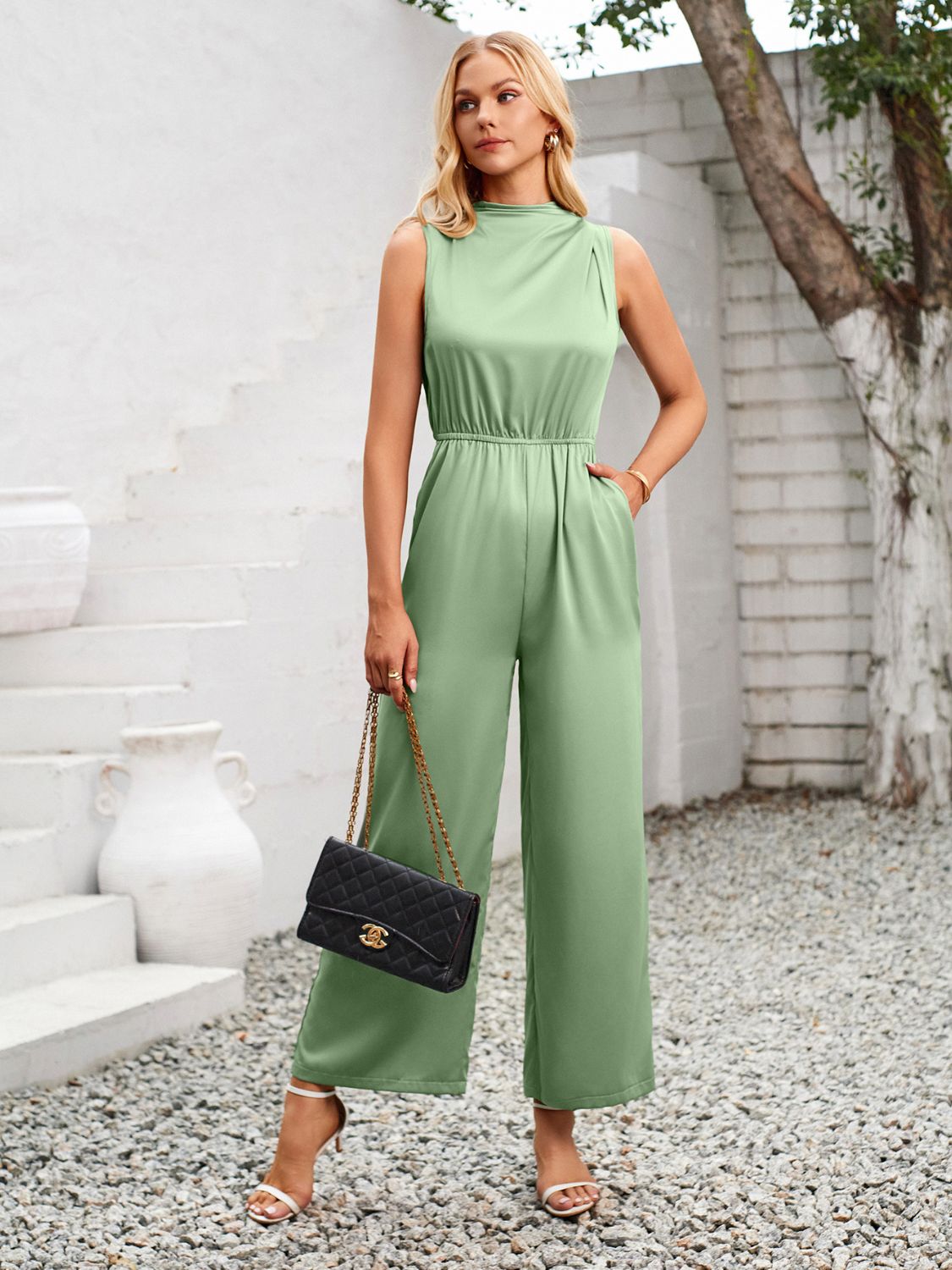 Cutout Tied Wide Leg Sleeveless Jumpsuit-[Adult]-[Female]-Gum Leaf-S-2022 Online Blue Zone Planet