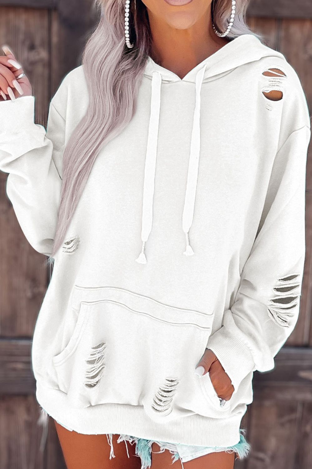 Distressed Drawstring Long Sleeve Hoodie-TOPS / DRESSES-[Adult]-[Female]-White-S-2022 Online Blue Zone Planet