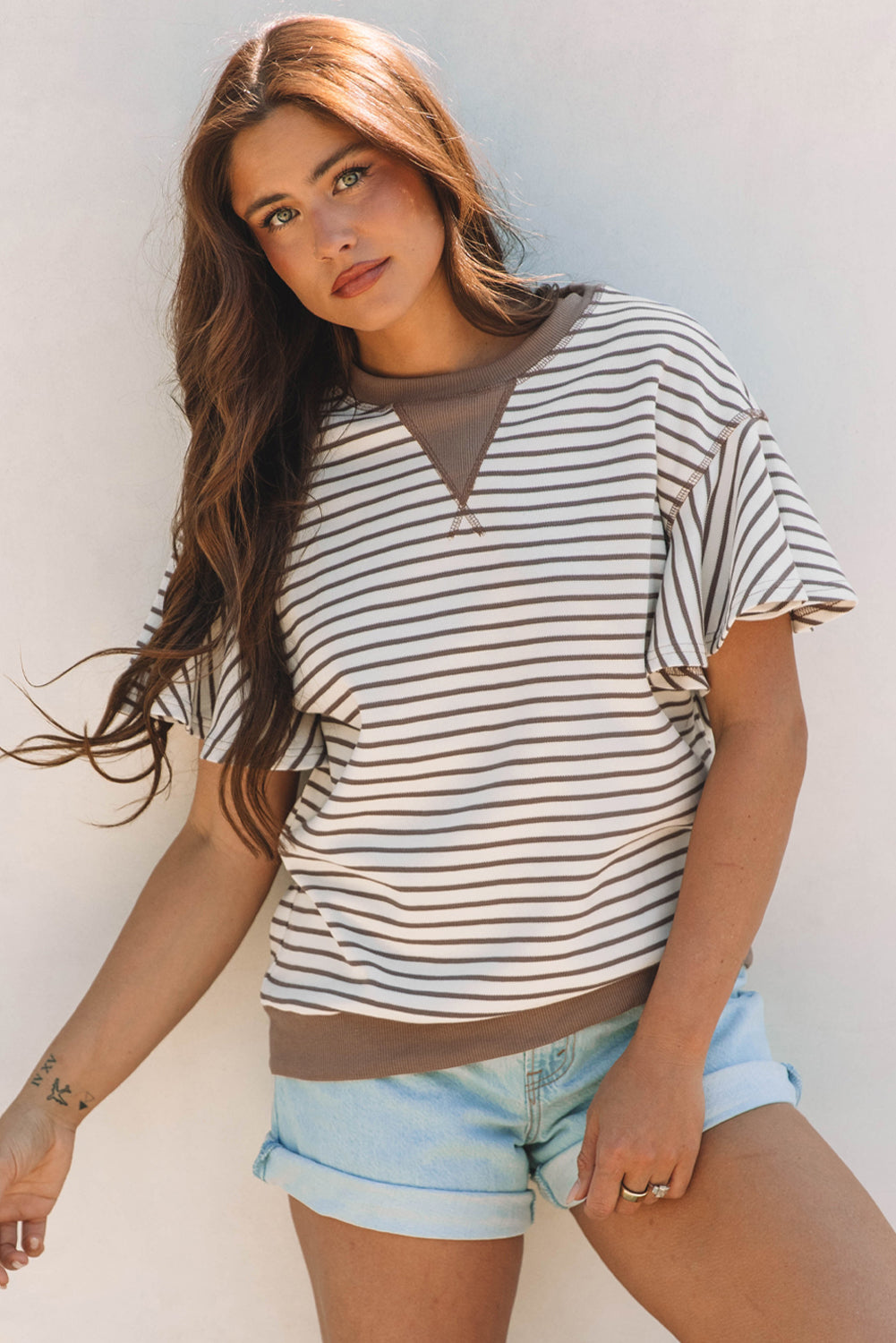 Parchment Contrast Detail Striped Ruffle Short Sleeve Top-Tops/Blouses & Shirts-[Adult]-[Female]-2022 Online Blue Zone Planet