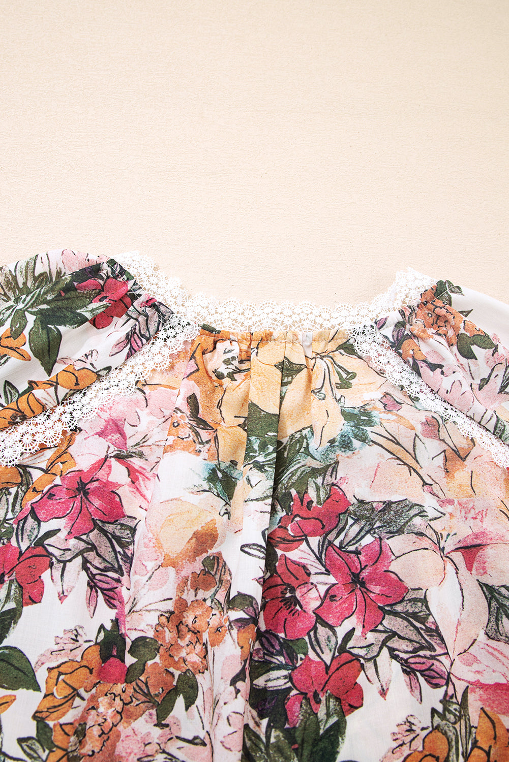Pink Floral Print Lace Embroidery Tie Split Neck Long Sleeve Blouse-Tops/Blouses & Shirts-[Adult]-[Female]-2022 Online Blue Zone Planet