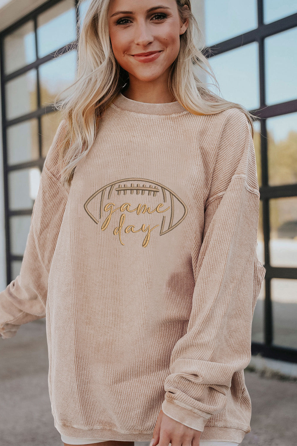 Apricot Rugby Game Day Embroidered Corduroy Sweatshirt-Graphic/Graphic Sweatshirts-[Adult]-[Female]-2022 Online Blue Zone Planet