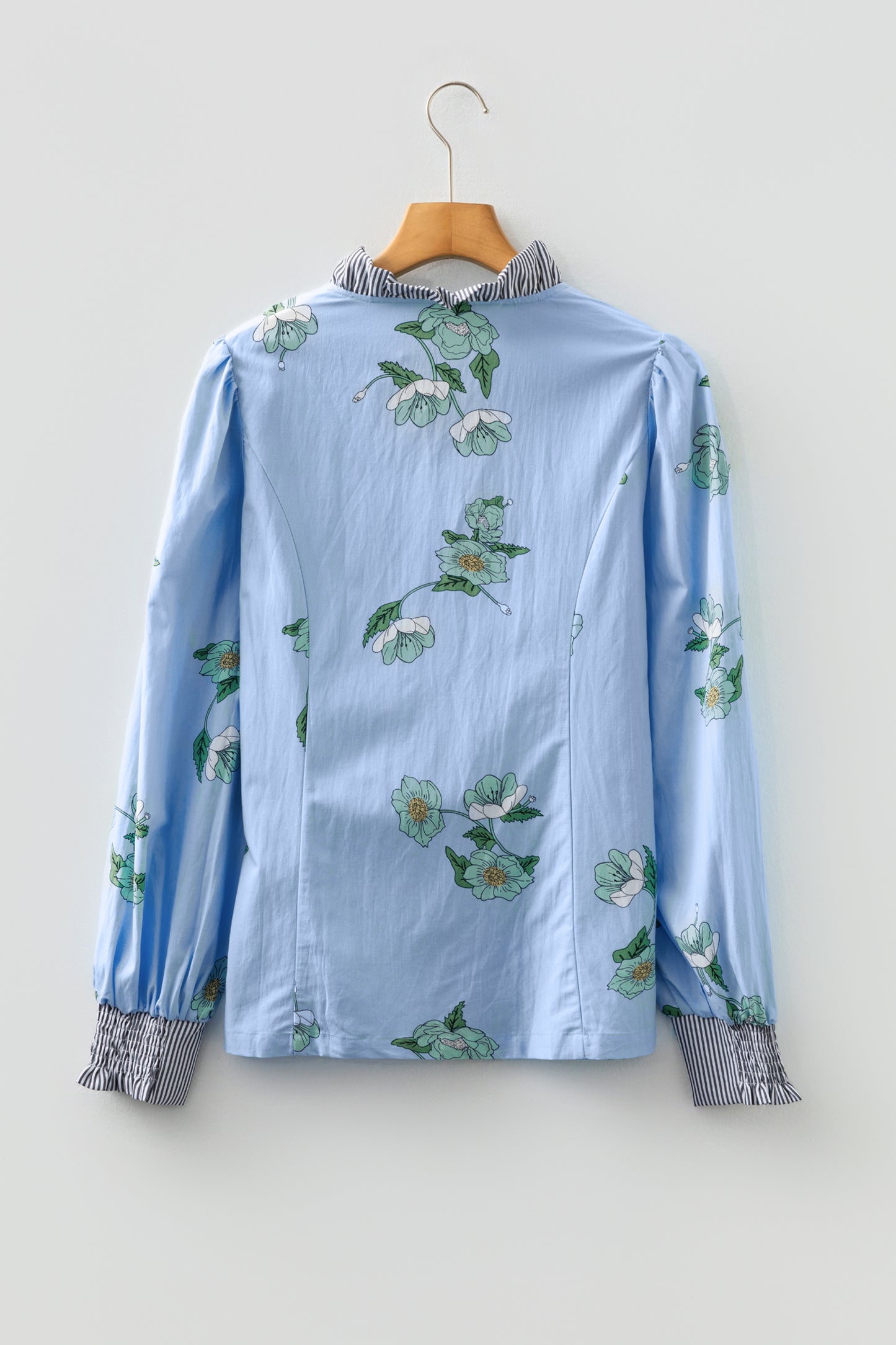 Sky Blue Floral Print Contrast Striped Trim Ruffled V Neck Fall Blouse-Tops/Blouses & Shirts-[Adult]-[Female]-2022 Online Blue Zone Planet