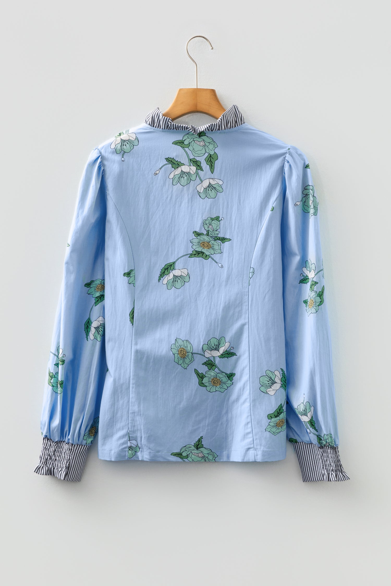 Sky Blue Floral Print Contrast Striped Trim Ruffled V Neck Fall Blouse-Tops/Blouses & Shirts-[Adult]-[Female]-2022 Online Blue Zone Planet