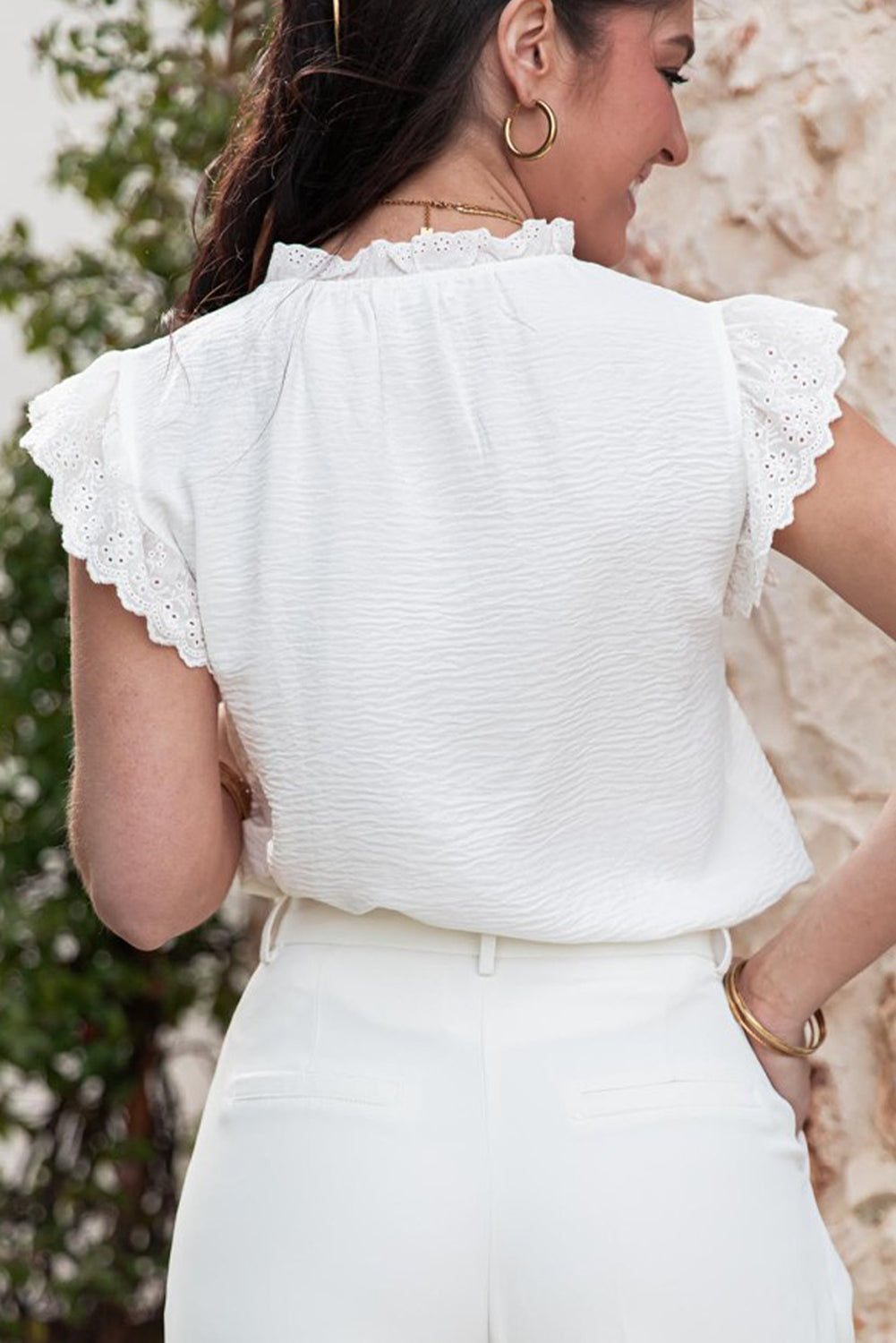 White Embroidered Ruffle Trim Textured Blouse-Tops/Blouses & Shirts-[Adult]-[Female]-2022 Online Blue Zone Planet