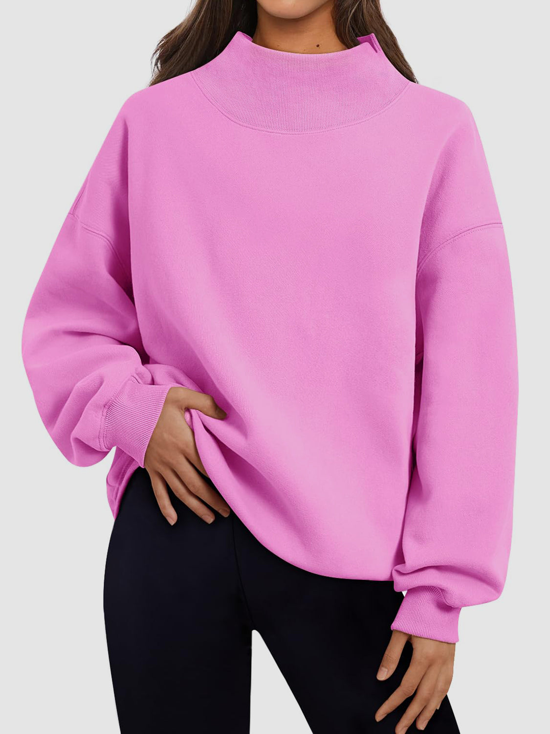 Blue Zone Planet | Mock Neck Drop Shoulder Long Sleeve Sweatshirt-TOPS / DRESSES-[Adult]-[Female]-Pink-S-2022 Online Blue Zone Planet