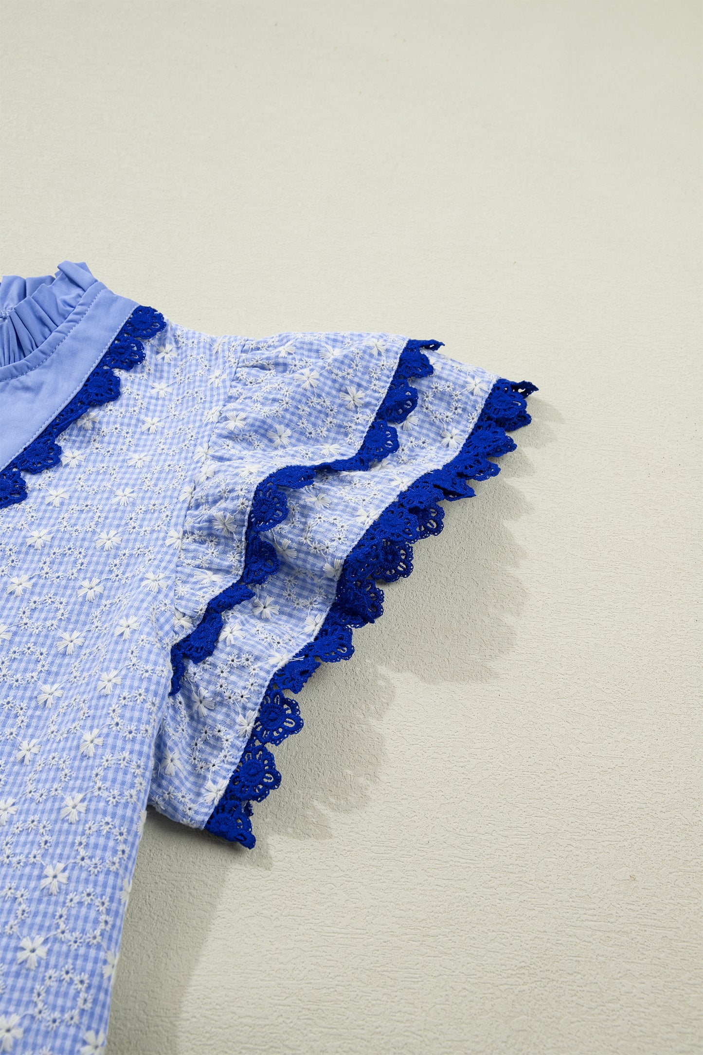 Beau Blue Eyelet Embroidered Flower Texture Contrast Lace Trim Flutter Sleeve Blouse-Tops/Blouses & Shirts-[Adult]-[Female]-2022 Online Blue Zone Planet