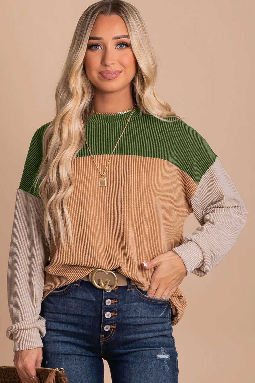 Green Color Block Long Sleeve Ribbed Loose Top-Sale (50% OFF)/30% OFF-[Adult]-[Female]-2022 Online Blue Zone Planet
