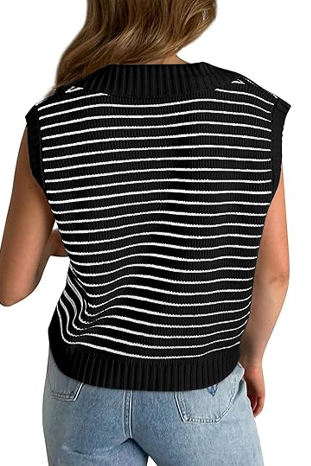 Beige Stripe Turn-down V Neck Sweater Tank Top-Sweaters & Cardigans/Sweater Vests-[Adult]-[Female]-2022 Online Blue Zone Planet