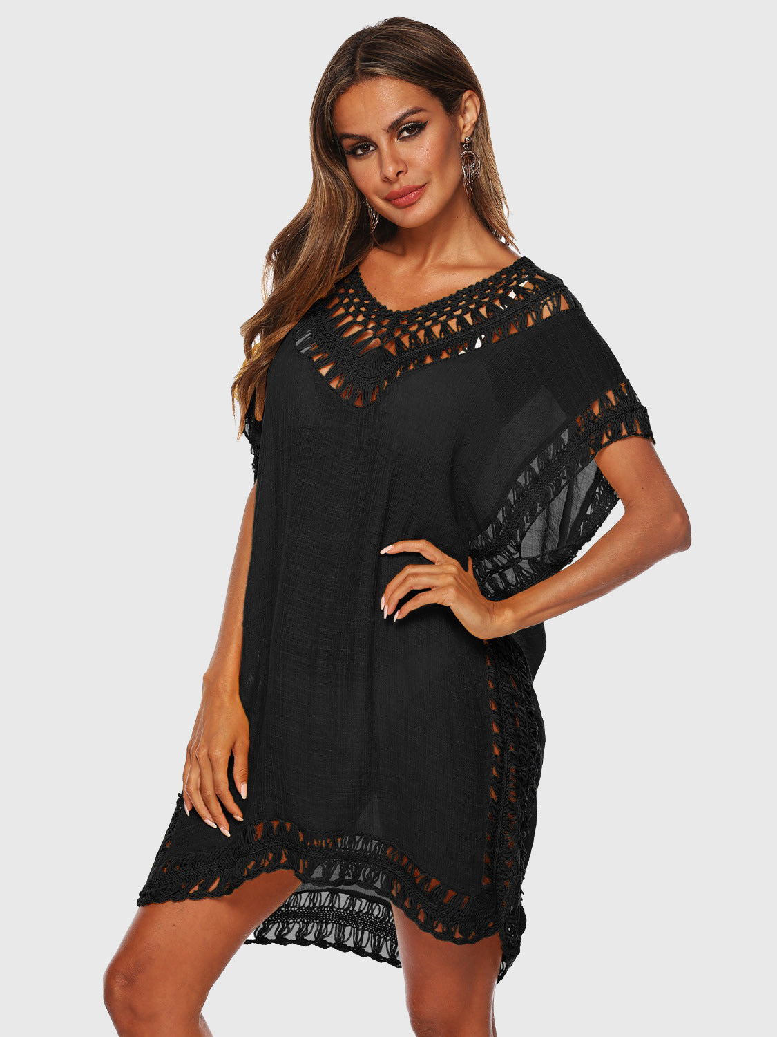 Cutout V-Neck Short Sleeve Cover-Up-TOPS / DRESSES-[Adult]-[Female]-Black-One Size-2022 Online Blue Zone Planet