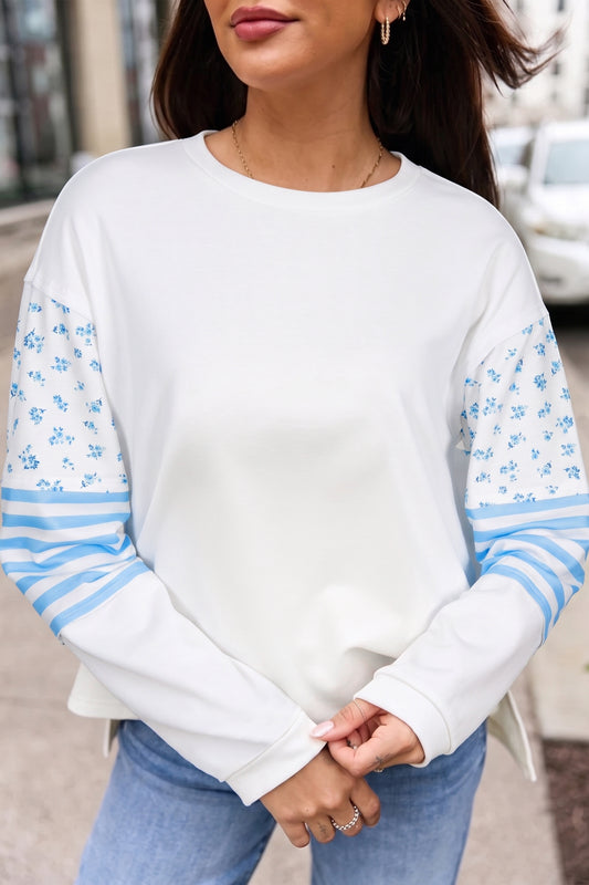 Beige Floral Striped Long Sleeve Contrasted Pullover Top-Tops/Long Sleeve Tops-[Adult]-[Female]-Beige-S-2022 Online Blue Zone Planet