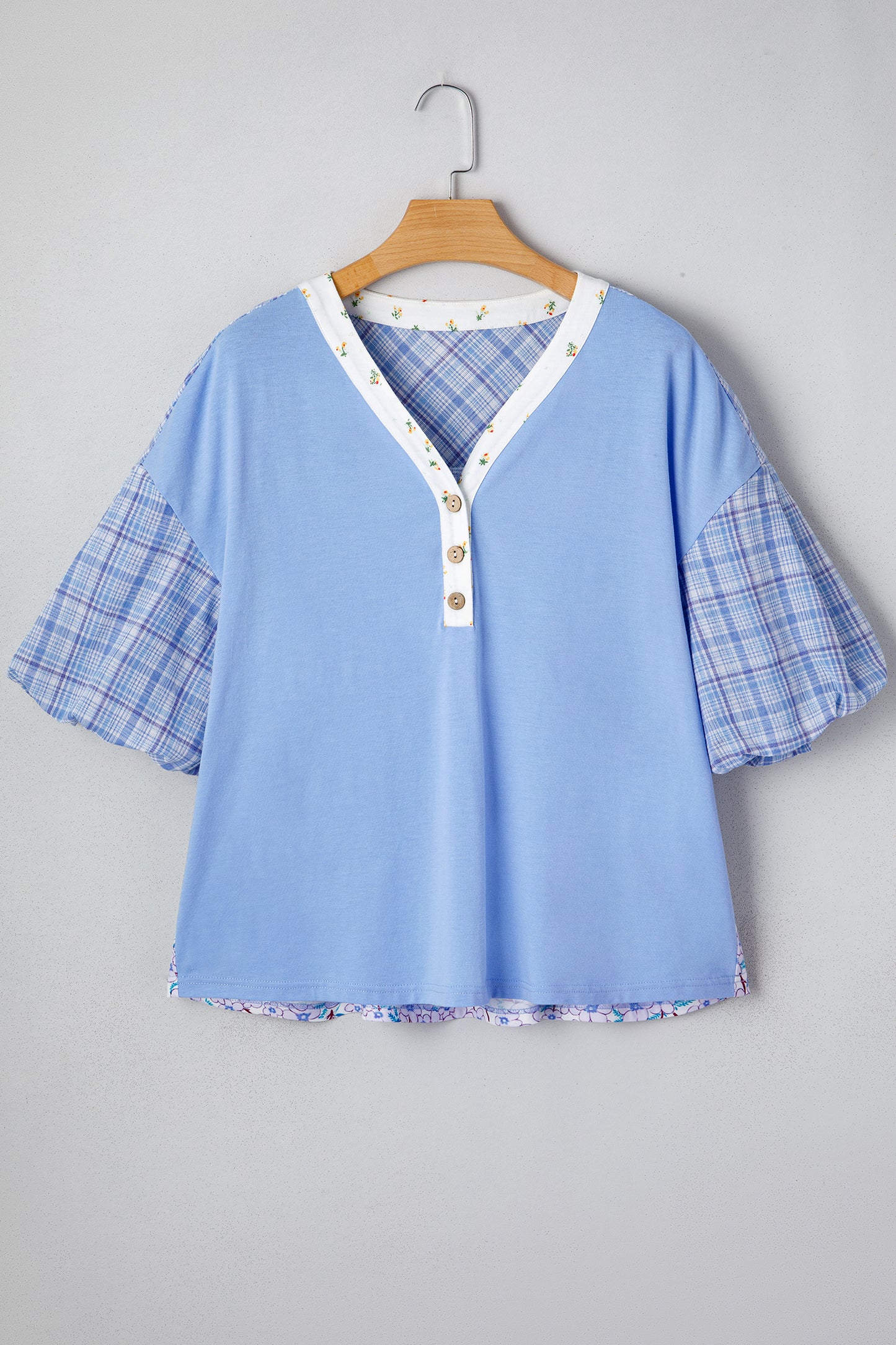 Beau Blue Color Block Plaid Bubble Sleeve Patchwork Blouse-Tops/Blouses & Shirts-[Adult]-[Female]-2022 Online Blue Zone Planet