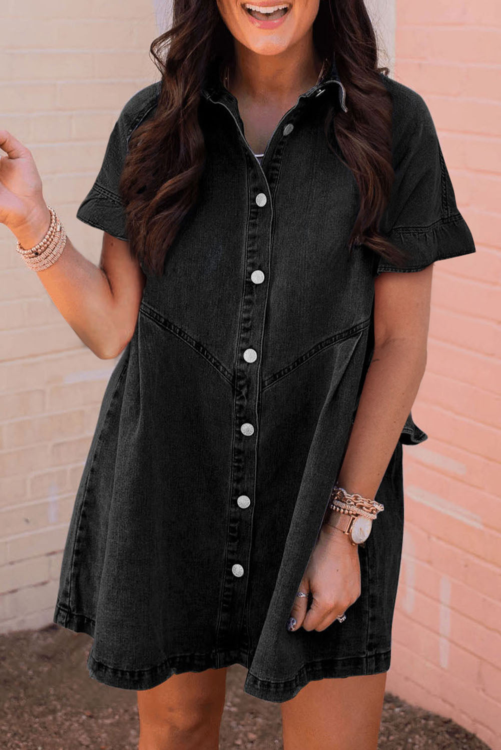 Black Frilled Short Sleeve Button Up Loose Denim Shirt Dress-TOPS / DRESSES-[Adult]-[Female]-Black-S-2022 Online Blue Zone Planet