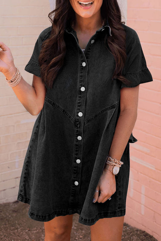 Black Frilled Short Sleeve Button Up Loose Denim Shirt Dress-TOPS / DRESSES-[Adult]-[Female]-Black-S-2022 Online Blue Zone Planet