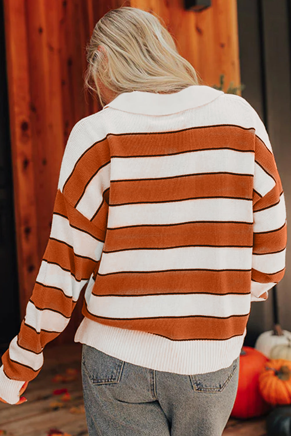 Brown Stripe Ribbed Polo Collar Drop Shoulder Sweater-Sweaters & Cardigans/Sweaters-[Adult]-[Female]-2022 Online Blue Zone Planet