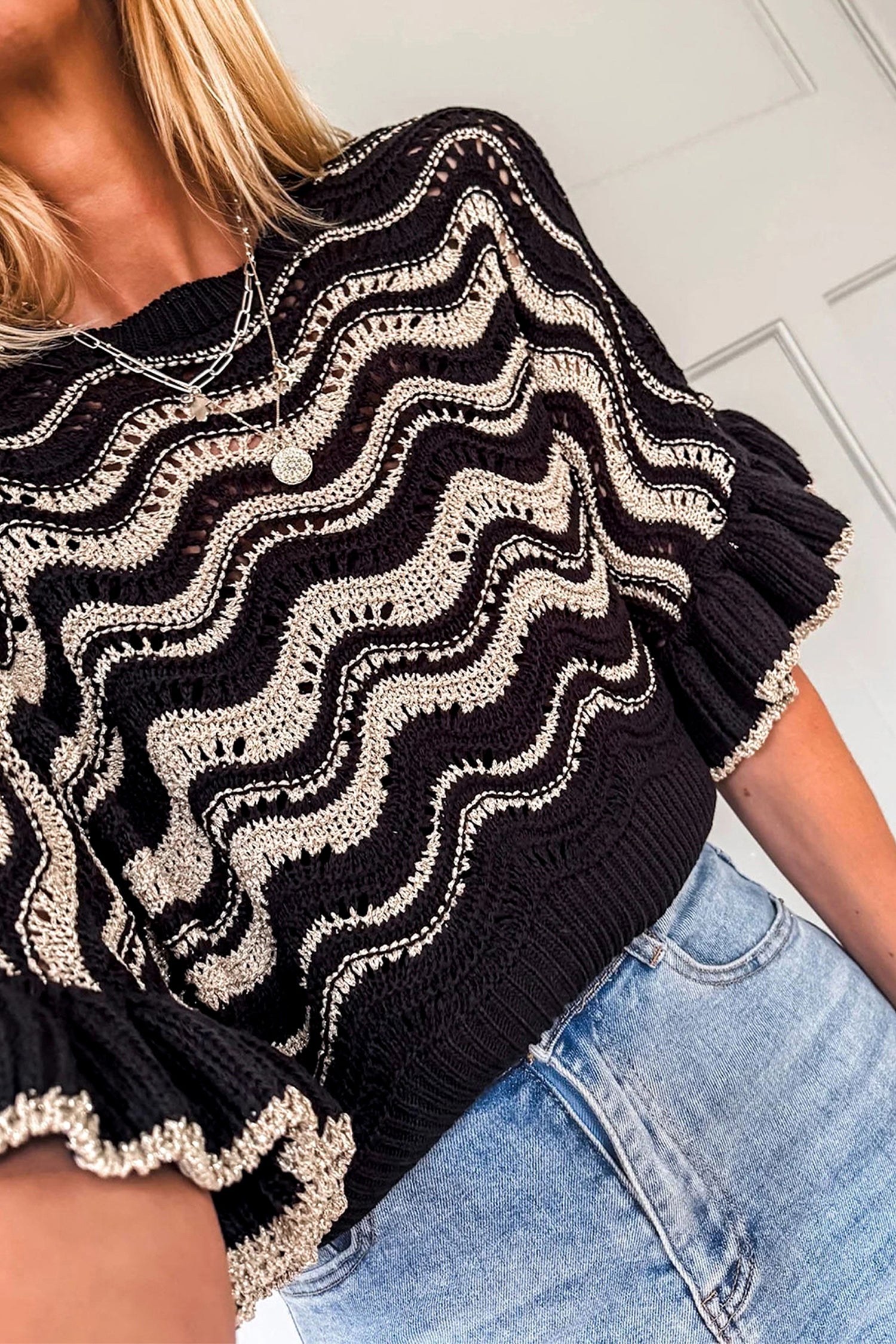 Beige Stripe Wavy Crochet Eyelet Detail Ruffle Half Sleeve Sweater-TOPS / DRESSES-[Adult]-[Female]-2022 Online Blue Zone Planet