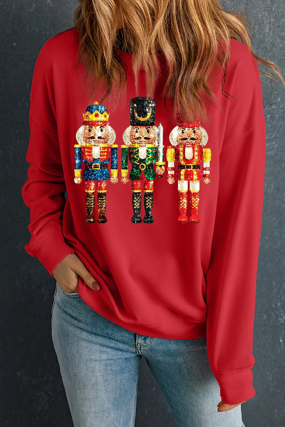 Nutcracker Round Neck Long Sleeve Sweatshirt-TOPS / DRESSES-[Adult]-[Female]-Deep Red-S-2022 Online Blue Zone Planet