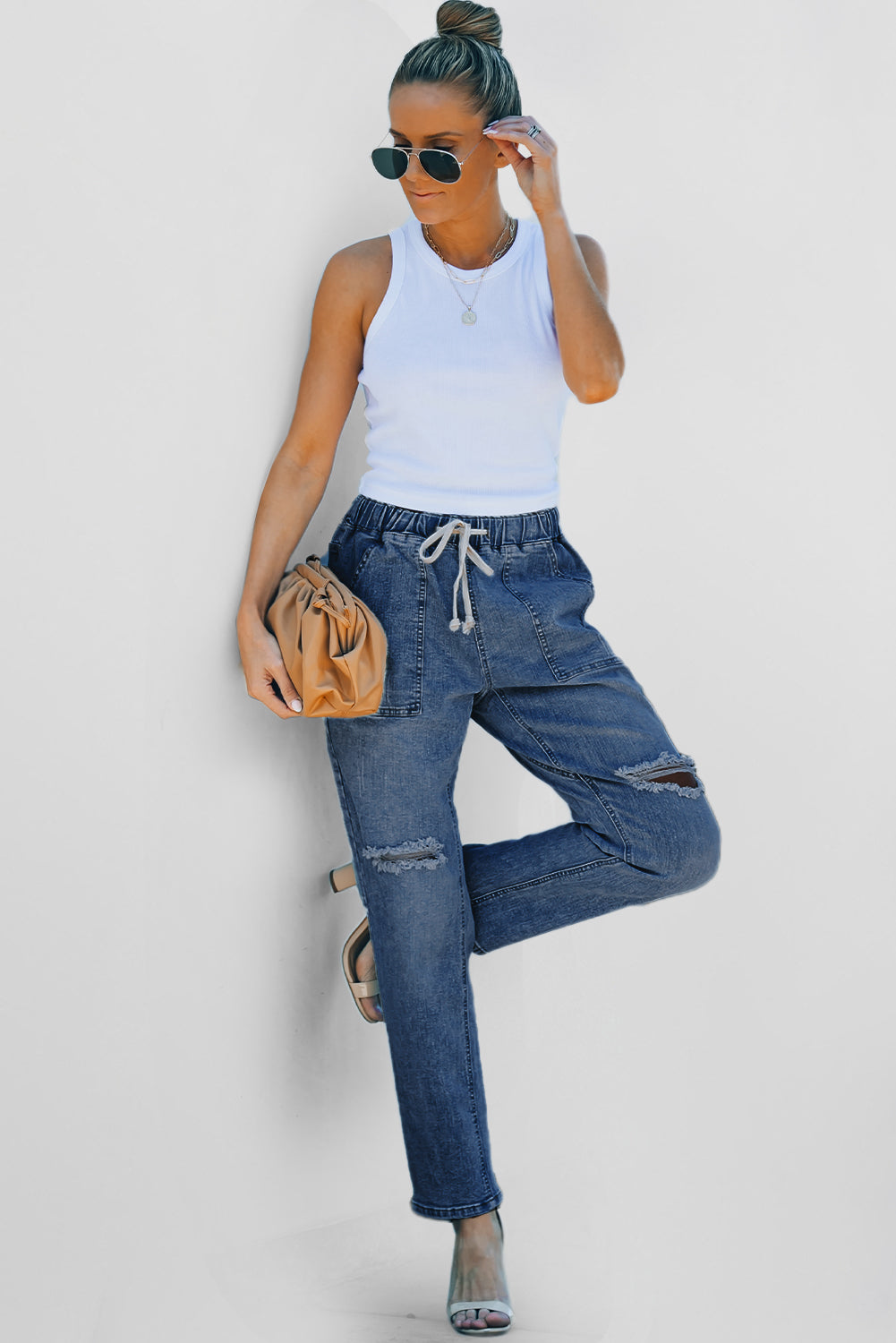 Dark Blue Gather Round Distressed Pocketed Denim Jogger-Bottoms/Jeans-[Adult]-[Female]-2022 Online Blue Zone Planet