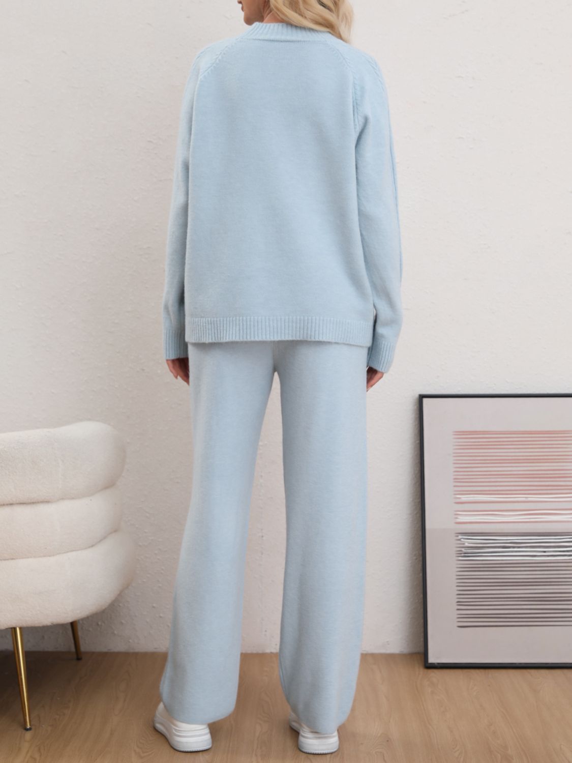 Mock Neck Long Sleeve Top and Pants Sweater Set-TOPS / DRESSES-[Adult]-[Female]-Light Blue-One Size-2022 Online Blue Zone Planet