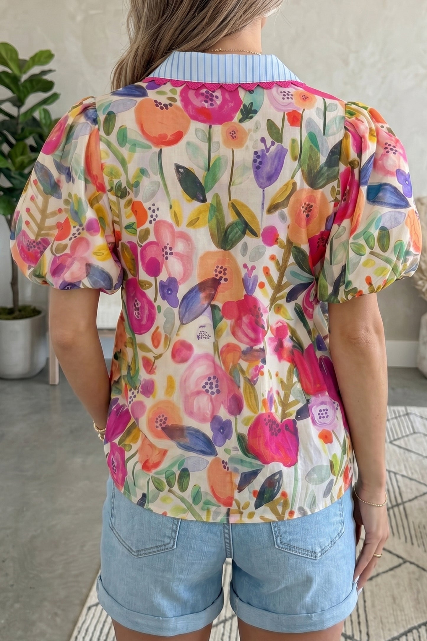 Rose Floral Print V Neck Short Puff Sleeve Cotton Blouse-Tops/Blouses & Shirts-[Adult]-[Female]-2022 Online Blue Zone Planet