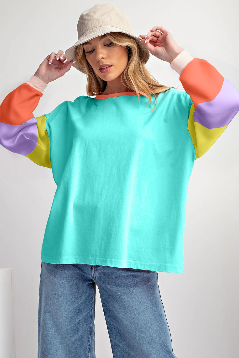 Green Colorblock Patchwork Long Sleeve Loose Top-Tops/Long Sleeve Tops-[Adult]-[Female]-2022 Online Blue Zone Planet