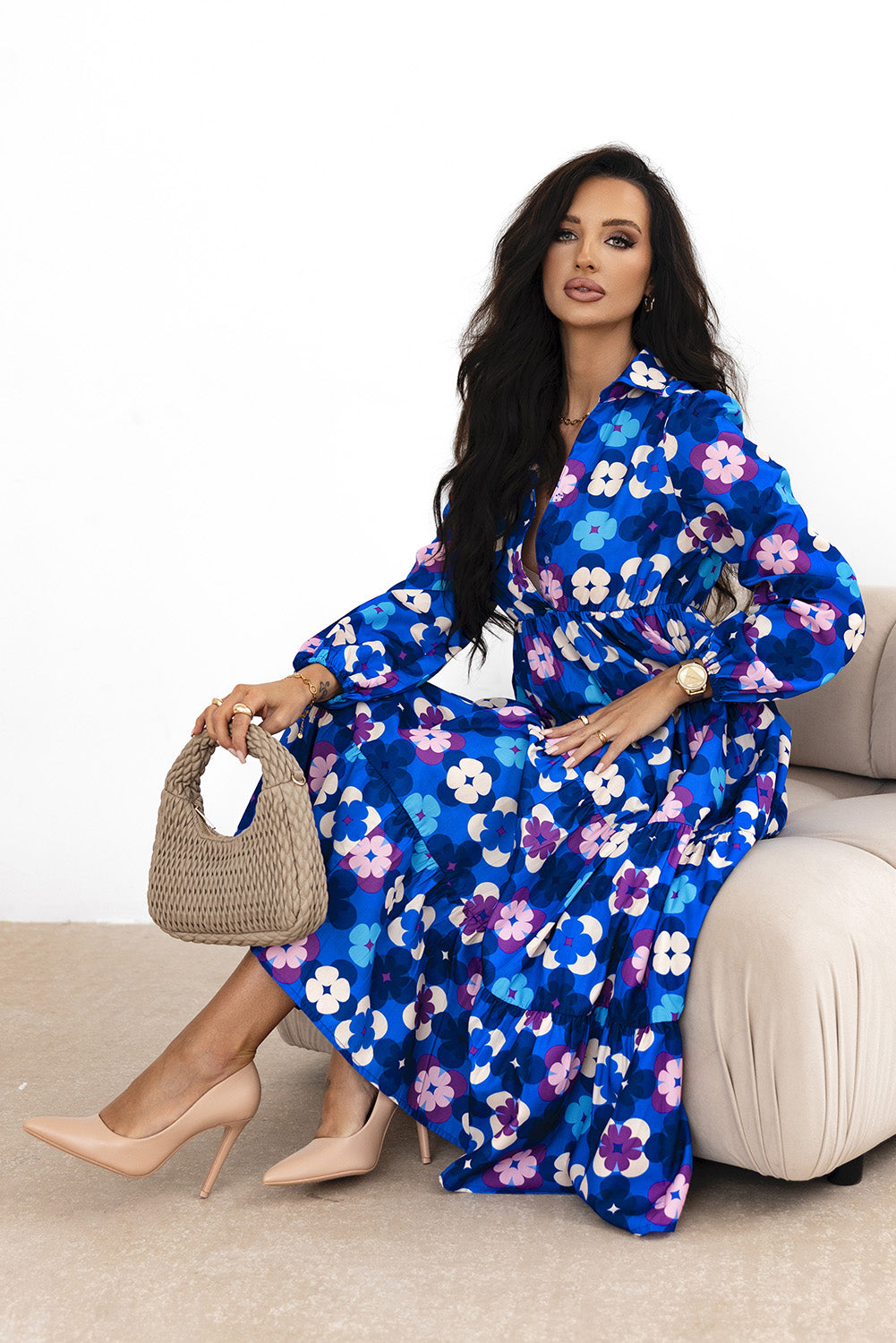 Blue Zone Planet | Blue Floral Peasant Sleeve Tiered Ruffle Midi Dress-TOPS / DRESSES-[Adult]-[Female]-2022 Online Blue Zone Planet