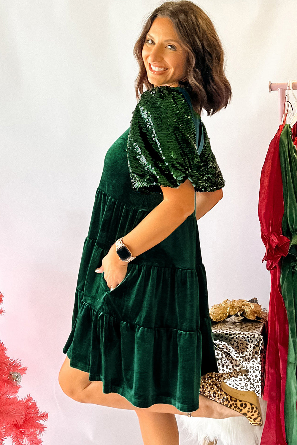 Evergreen Sequin Puff Sleeve High Waist Tiered Velvet Mini Dress