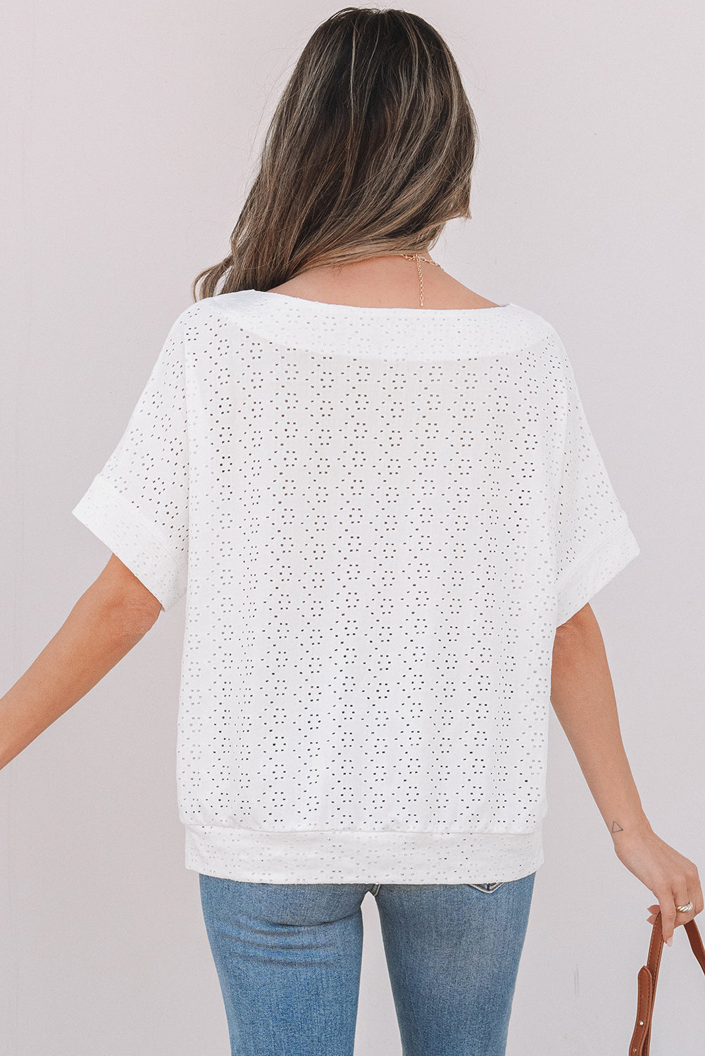 White Eyelet Pattern Boat Neck Casual Tee-Tops/Tops & Tees-[Adult]-[Female]-2022 Online Blue Zone Planet